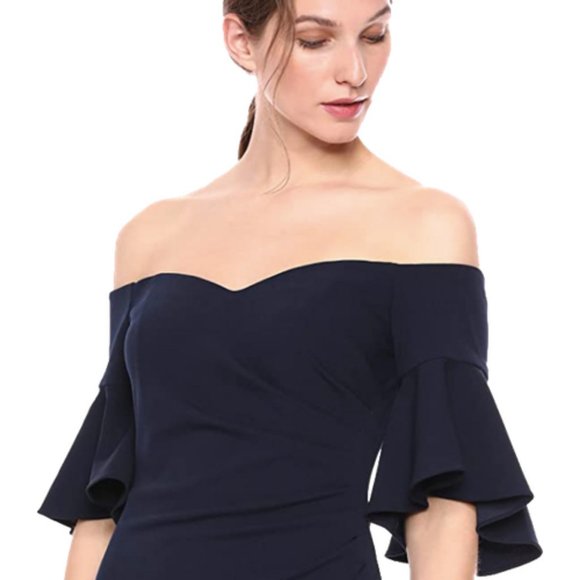NWT BLACK CALVIN KLEIN OFF SHOULDER EVENING GOWN - Picture 2 of 7